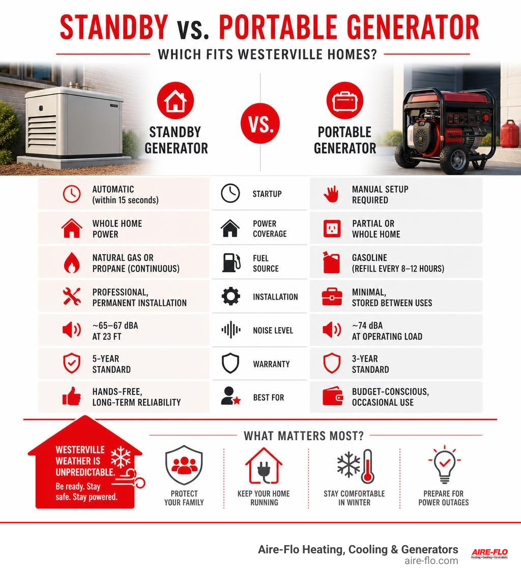 Standby vs portable generator comparison infographic for Westerville homeowners infographic Standby vs portable generator comparison infographic for Westerville homeowners infographic
