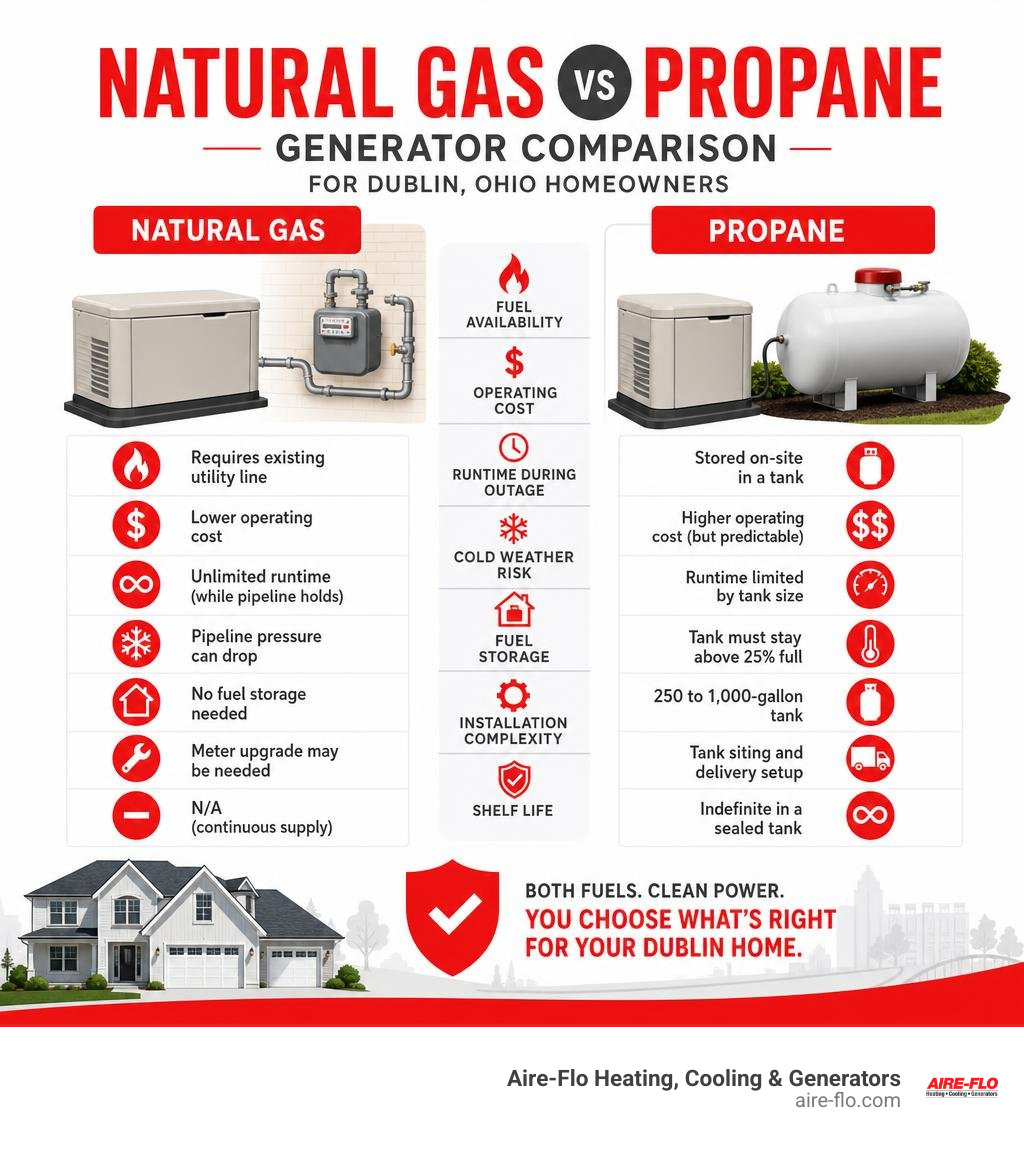 infographic comparing natural gas vs propane generator features for Dublin Ohio homeowners infographic