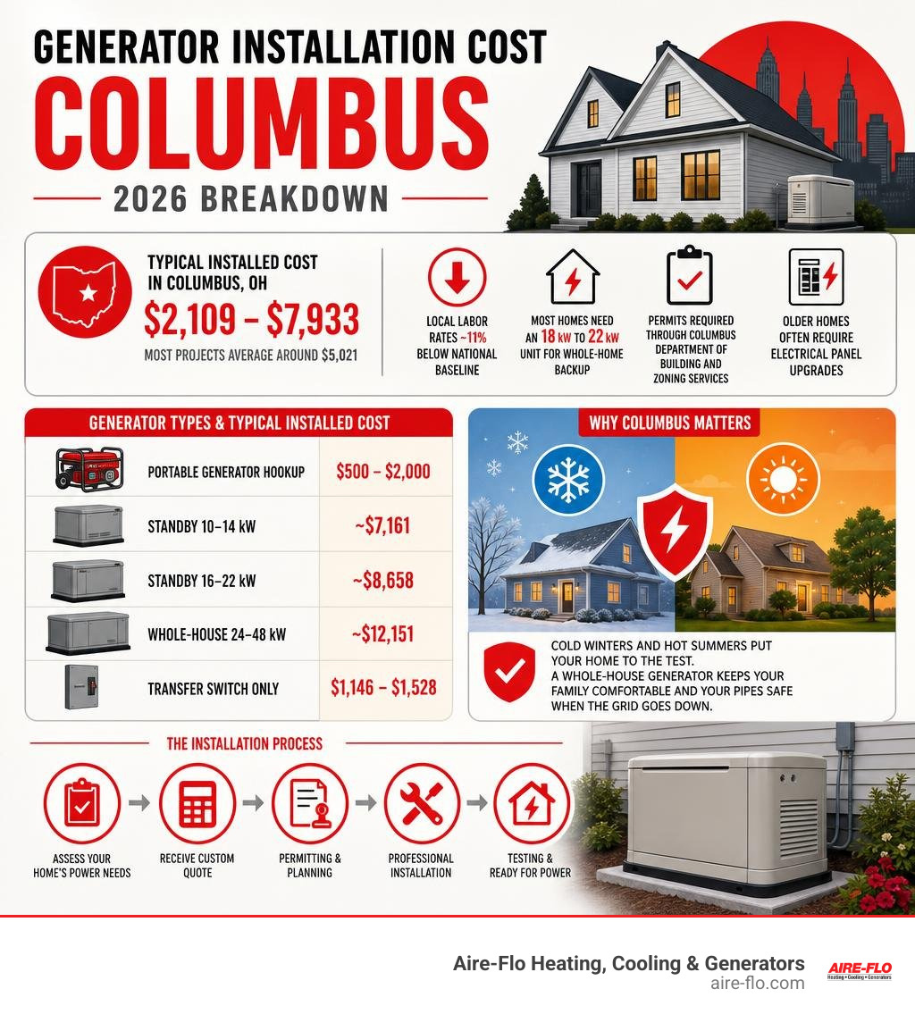 generator installation cost Columbus breakdown infographic with types, cost ranges, and key local factors infographic