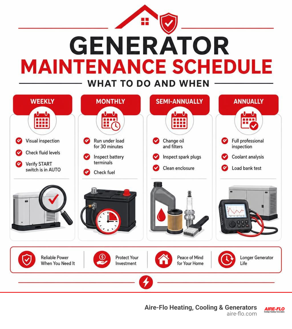 generator maintenance schedule infographic showing weekly monthly semi-annual and annual tasks for home standby generators generator maintenance schedule infographic showing weekly monthly semi-annual and annual tasks for home standby generators