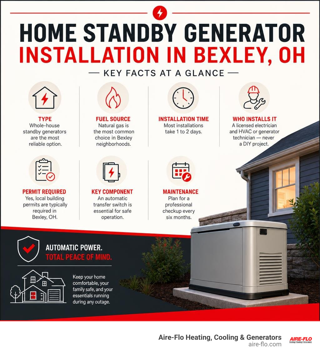 infographic showing key facts about home standby generator installation in Bexley OH infographic