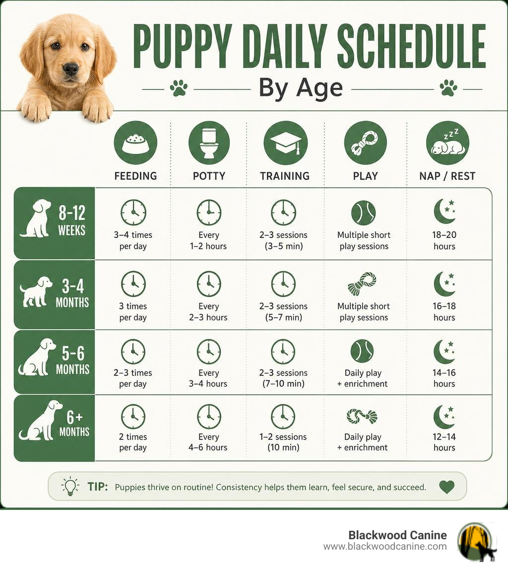 Puppy daily schedule infographic showing feeding, potty, training, play, and nap times by age infographic Puppy daily schedule infographic showing feeding, potty, training, play, and nap times by age infographic