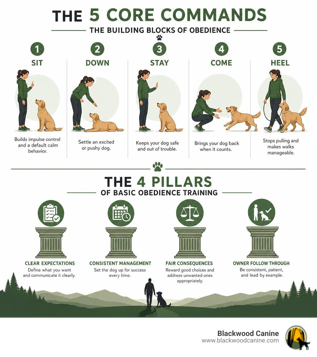 infographic showing the five core commands and the four pillars of basic obedience training infographic infographic showing the five core commands and the four pillars of basic obedience training infographic