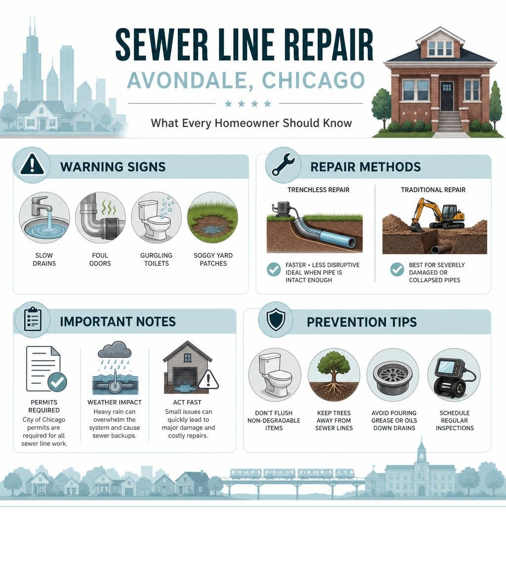 Infographic showing warning signs, repair methods, important notes, and prevention tips for sewer line repair in Avondale Infographic showing warning signs, repair methods, important notes, and prevention tips for sewer line repair in Avondale