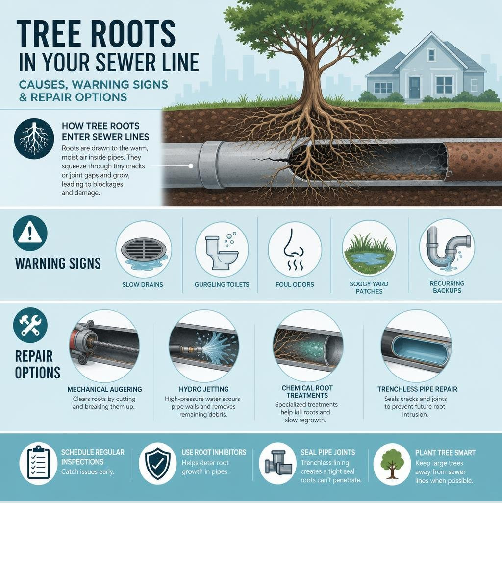 how tree roots enter sewer lines, warning signs, and repair options infographic infographic