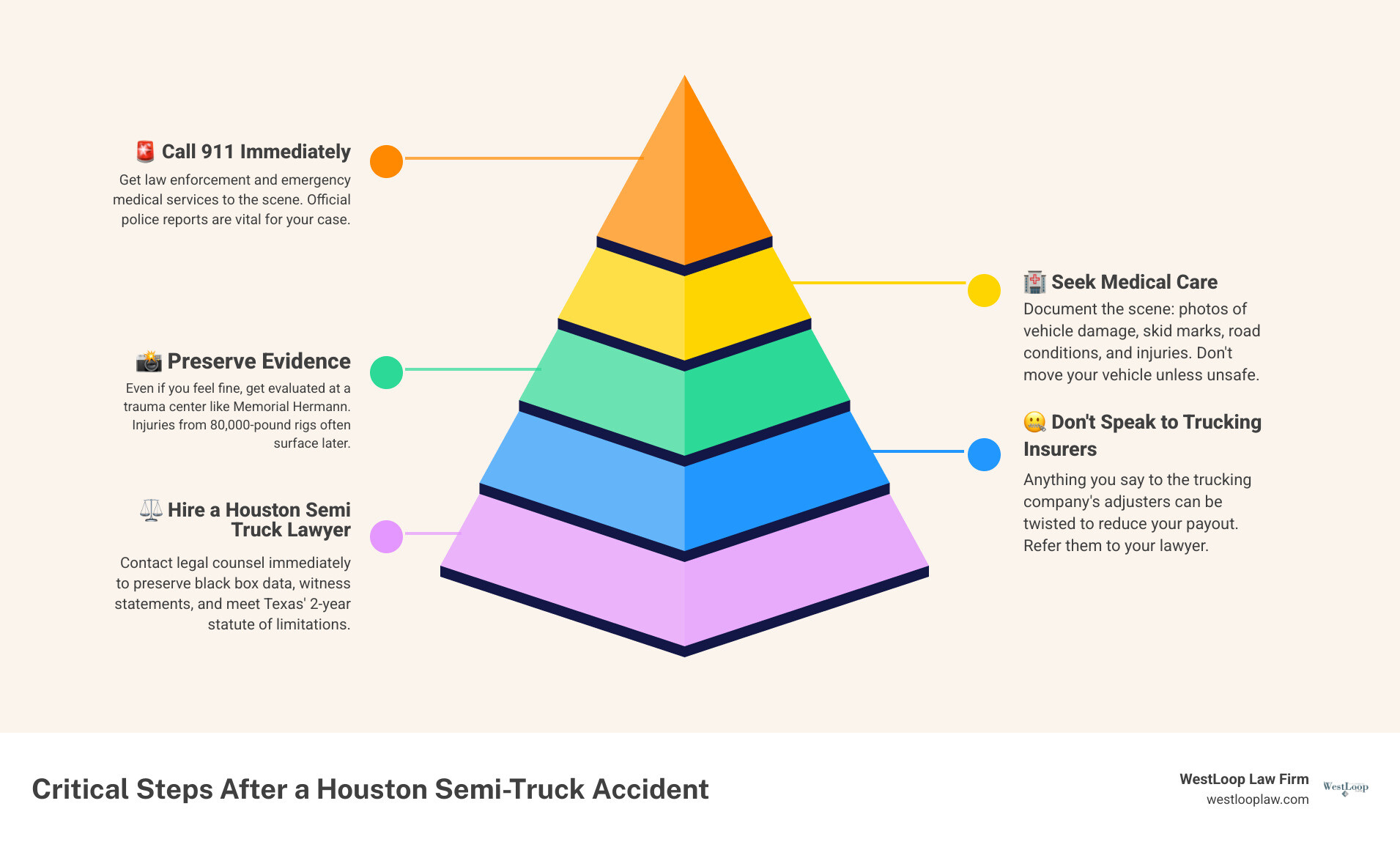 Steps to take after a semi-truck accident in Houston: call 911, get medical help, preserve evidence, hire a lawyer Steps to take after a semi-truck accident in Houston: call 911, get medical help, preserve evidence, hire a lawyer