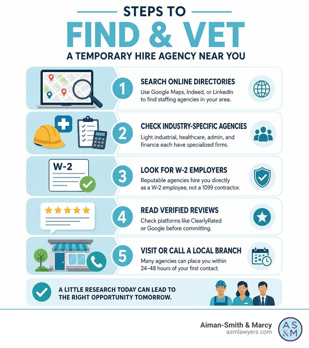 steps to find and vet a temporary hire agency near you infographic infographic