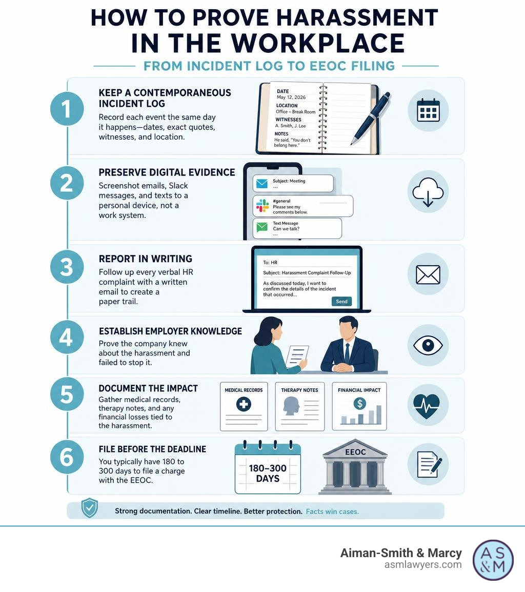 Step-by-step infographic: how to prove harassment in the workplace, from incident log to EEOC filing infographic