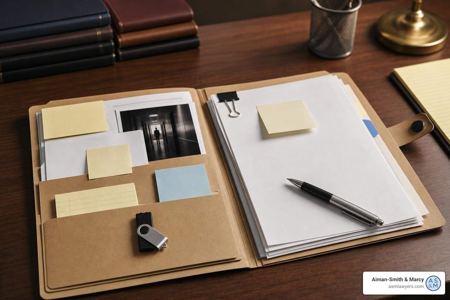 an evidence checklist folder containing organized documents for a harassment claim