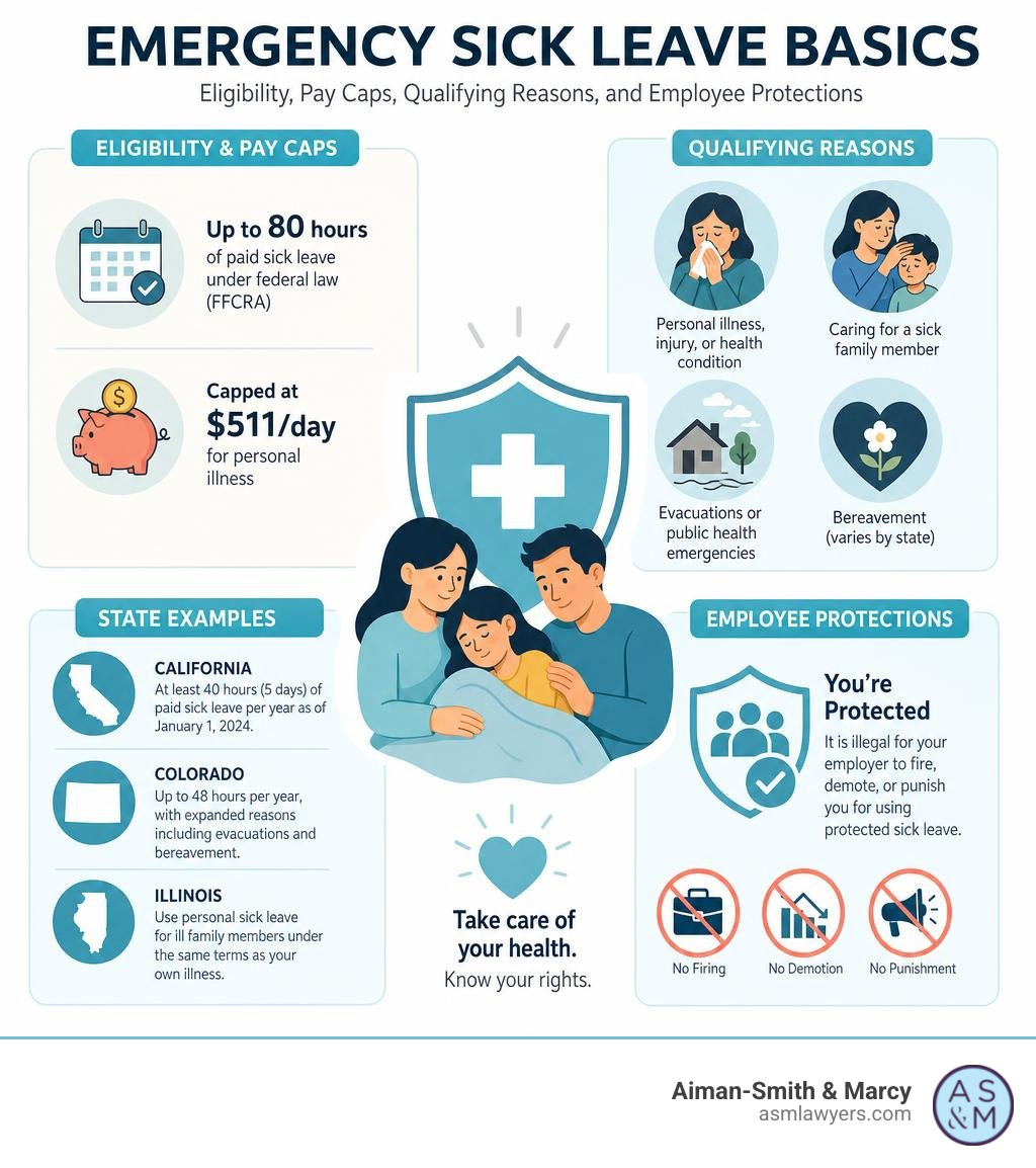 Emergency sick leave basics: eligibility, pay caps, qualifying reasons, and employee protections infographic