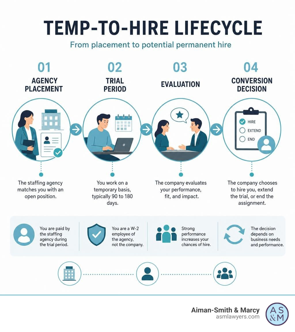 Temp-to-hire lifecycle infographic: agency placement, trial period, evaluation, conversion decision infographic