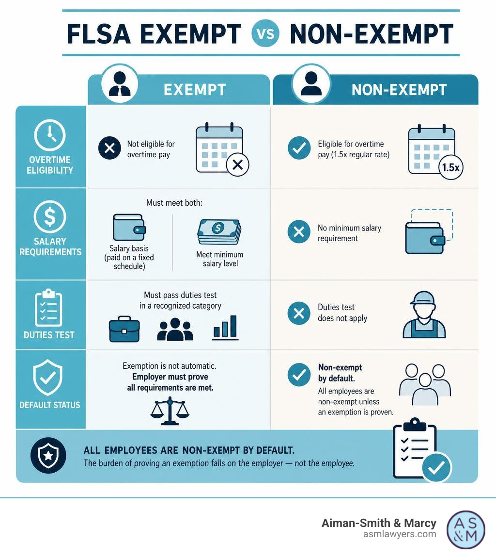 Infographic comparing FLSA exempt vs non exempt employees: overtime eligibility, salary requirements, duties tests, default Infographic comparing FLSA exempt vs non exempt employees: overtime eligibility, salary requirements, duties tests, default