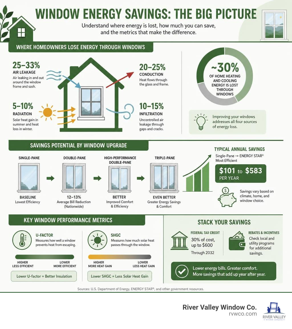 Infographic showing window energy loss sources, savings potential by upgrade type, and key metrics like U-factor and SHGC Infographic showing window energy loss sources, savings potential by upgrade type, and key metrics like U-factor and SHGC