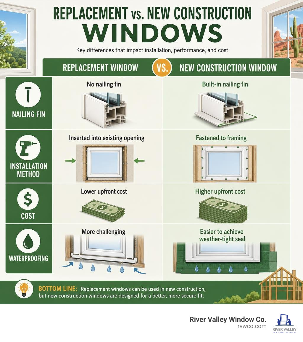 Infographic comparing replacement vs new construction windows: nailing fin, installation method, cost, and waterproofing Infographic comparing replacement vs new construction windows: nailing fin, installation method, cost, and waterproofing