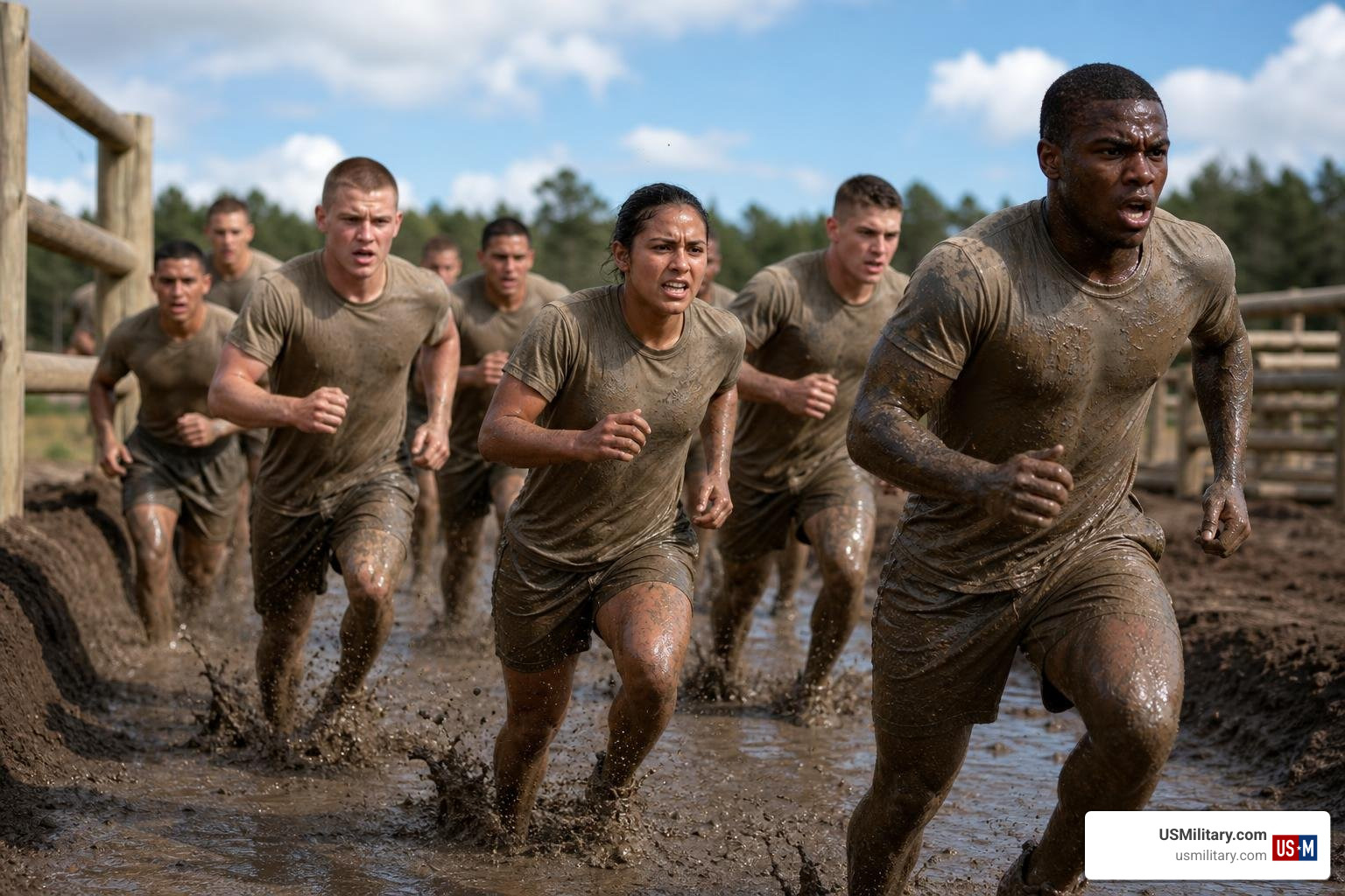 US military recruits undergoing intense physical training