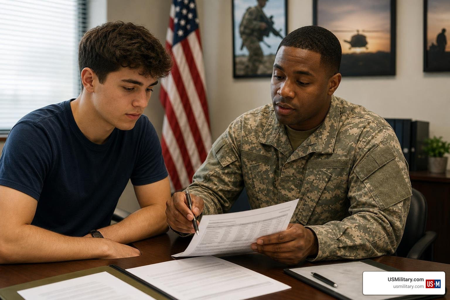 A recruit reviewing enlistment paperwork and eligibility criteria