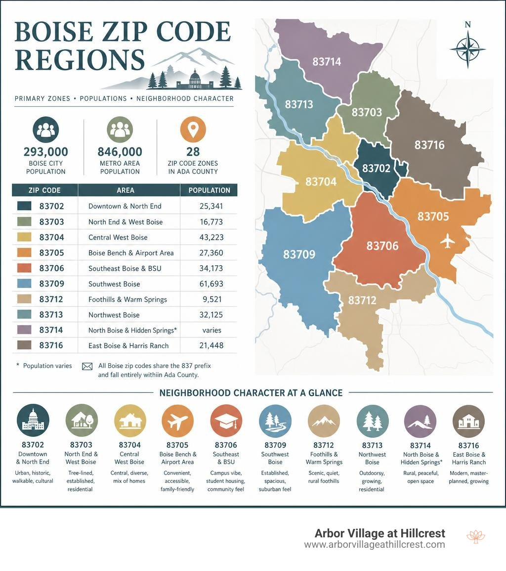 Boise zip code regions infographic showing primary zones, populations, and neighborhood character infographic