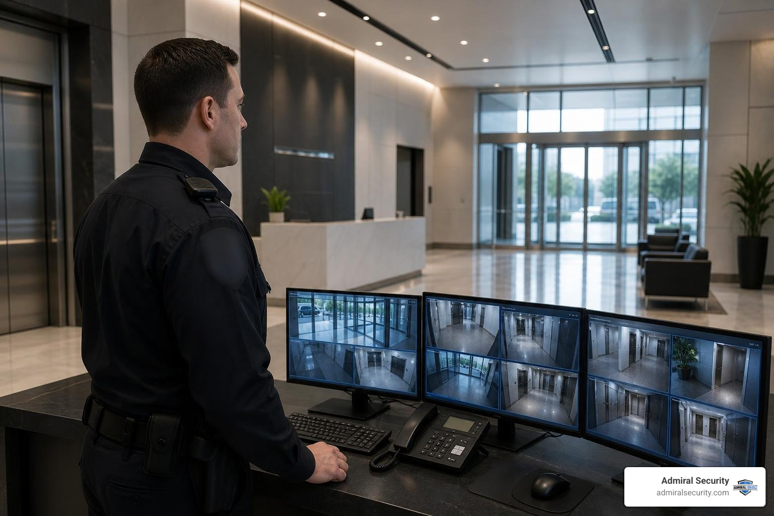 Professional security officer monitoring access control screens with blurred uniform badges Professional security officer monitoring access control screens with blurred uniform badges