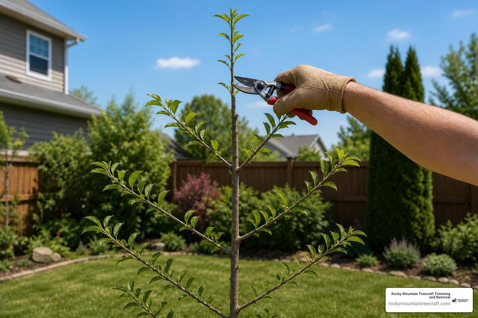 A young sapling being carefully pruned to establish a strong central leader A young sapling being carefully pruned to establish a strong central leader