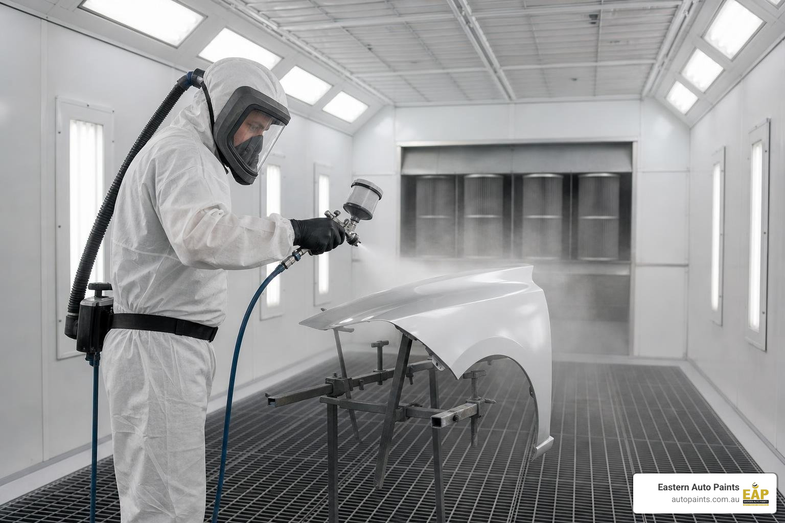 An industrial spray booth with high-volume extraction venting paint overspray safely An industrial spray booth with high-volume extraction venting paint overspray safely