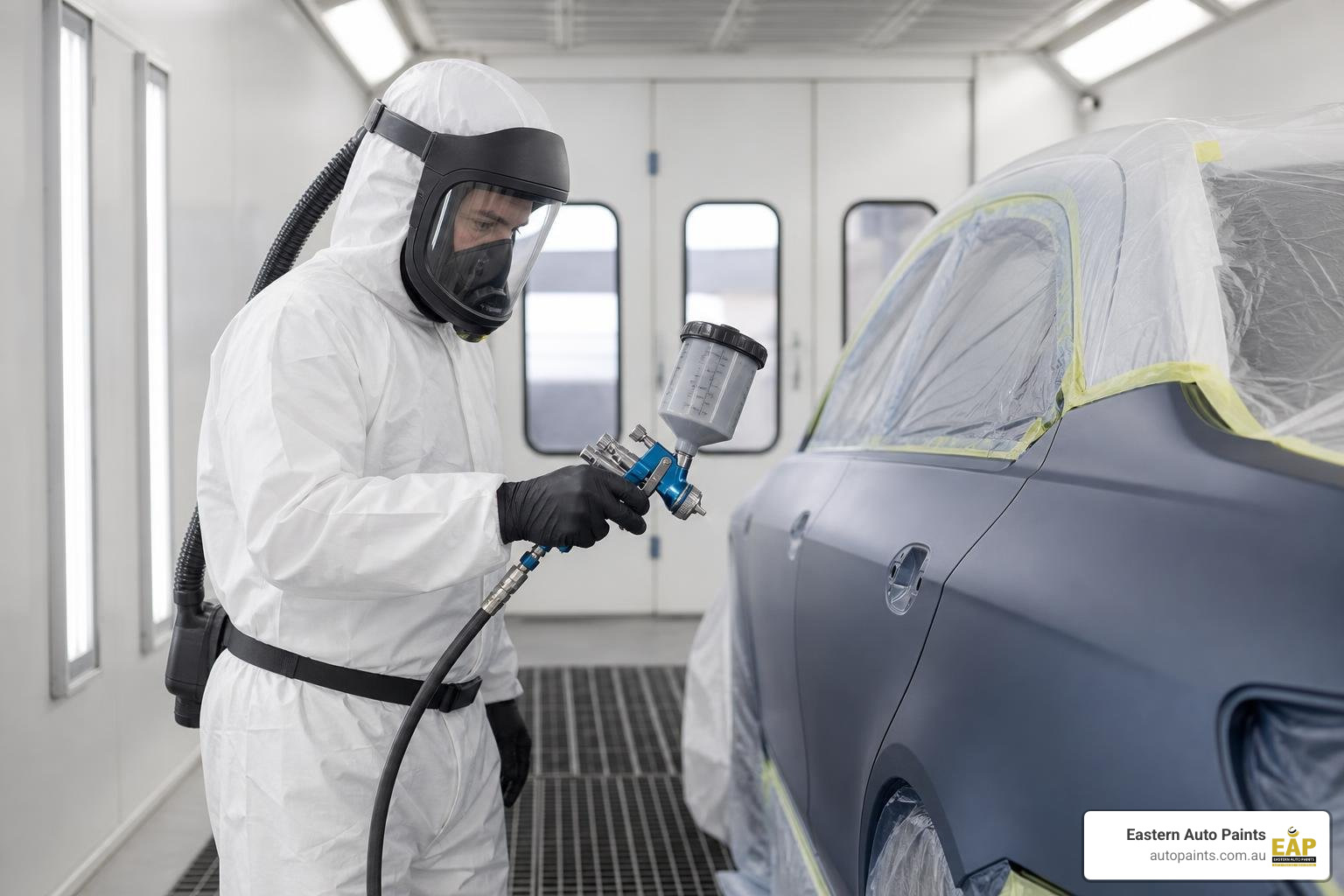 An automotive painter wearing a complete positive-pressure protective suit and air-fed visor An automotive painter wearing a complete positive-pressure protective suit and air-fed visor