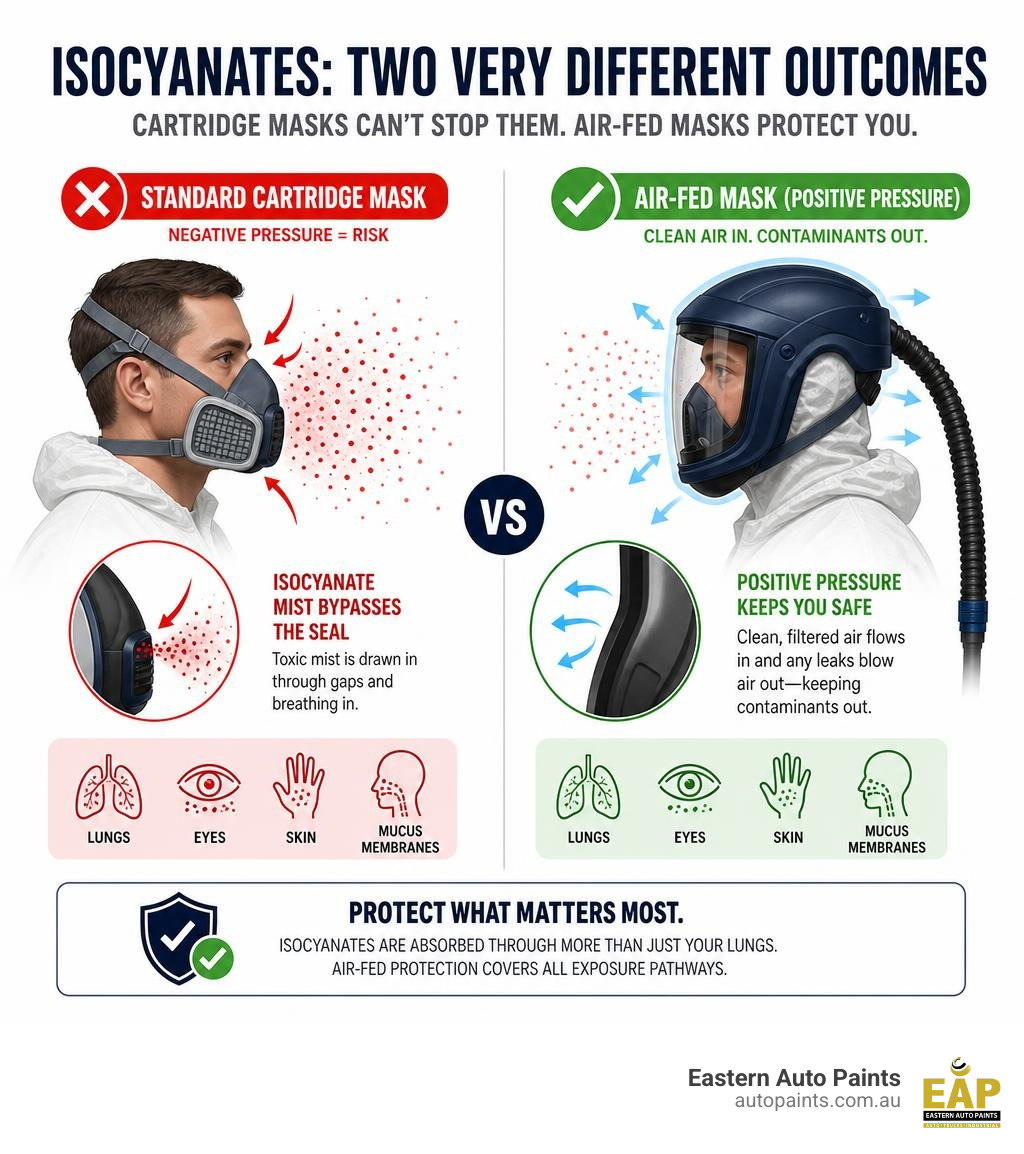 How isocyanates bypass standard cartridge filters vs air-fed mask positive pressure protection infographic How isocyanates bypass standard cartridge filters vs air-fed mask positive pressure protection infographic