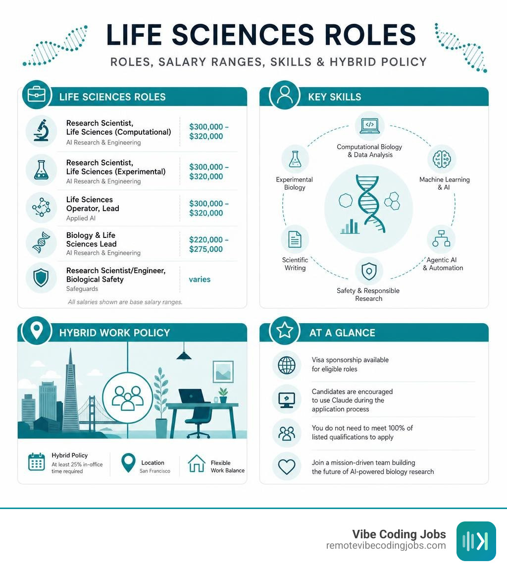 Infographic showing Anthropic life sciences roles, salary ranges, key skills, and hybrid work policy infographic Infographic showing Anthropic life sciences roles, salary ranges, key skills, and hybrid work policy infographic
