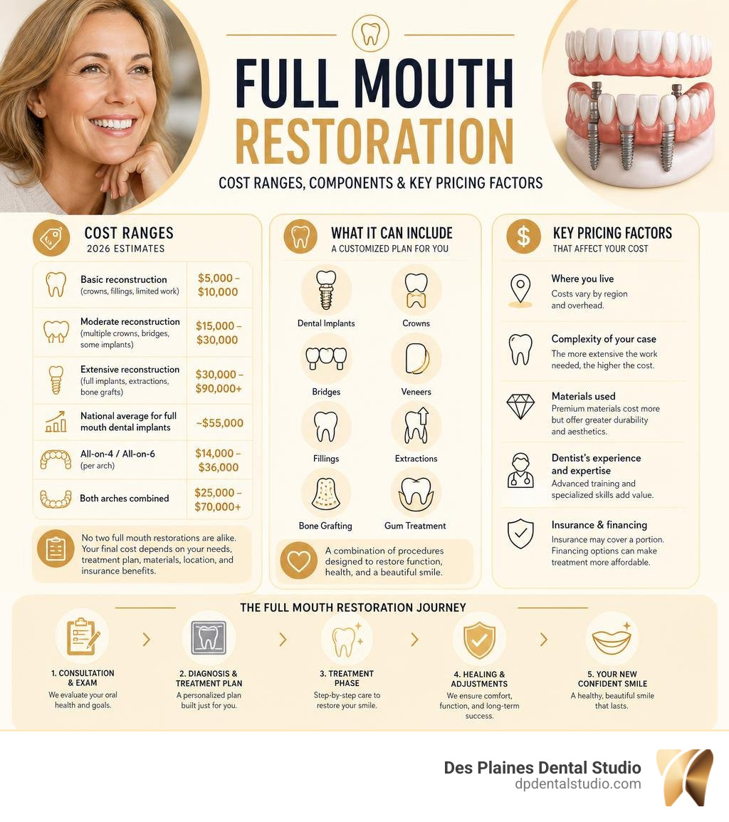 Full mouth restoration cost ranges, components, and key pricing factors infographic infographic Full mouth restoration cost ranges, components, and key pricing factors infographic infographic