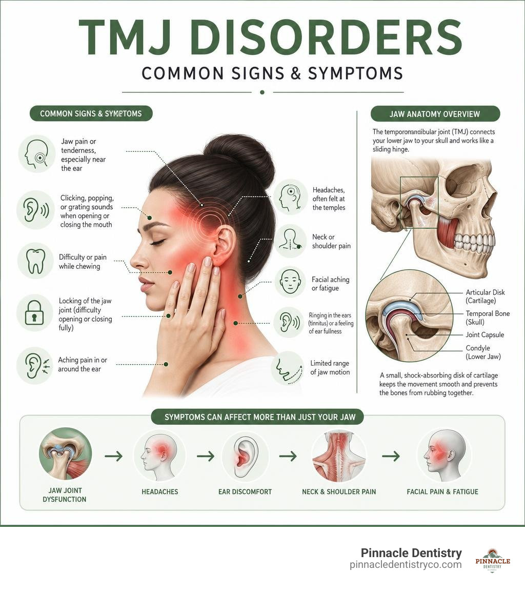 infographic showing common TMJ disorder signs and symptoms with jaw anatomy overview infographic
