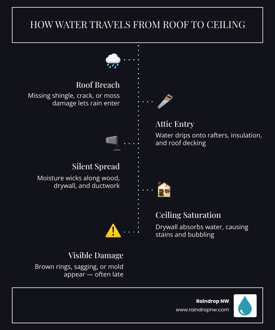 infographic showing how water travels from damaged roof through attic insulation and rafters to ceiling stain infographic infographic showing how water travels from damaged roof through attic insulation and rafters to ceiling stain infographic