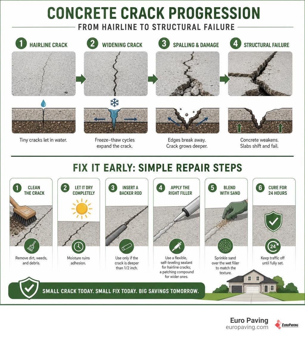 infographic showing concrete crack progression from hairline to structural failure and repair steps infographic