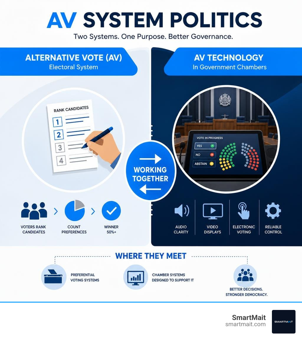 Infographic showing dual meaning of AV system politics: Alternative Vote electoral system and AV technology in government