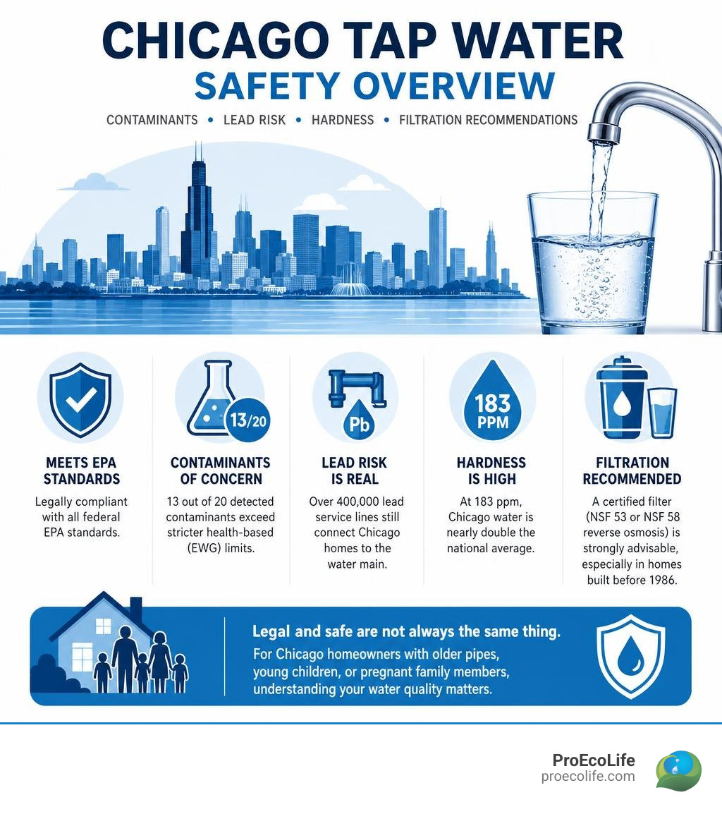 Chicago tap water safety overview: contaminants, lead risk, hardness, and filtration recommendations infographic