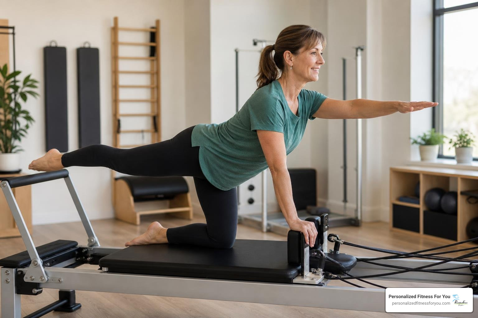 woman over 40 executing a controlled intermediate reformer exercise with proper form woman over 40 executing a controlled intermediate reformer exercise with proper form