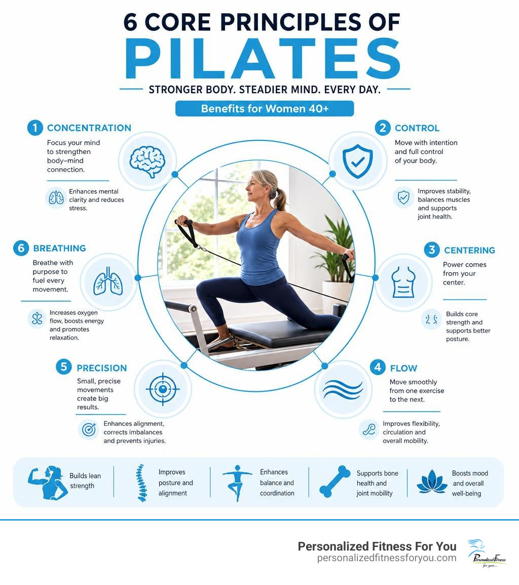 Infographic showing the six core principles of Pilates: concentration, control, centering, flow, precision, and breathing Infographic showing the six core principles of Pilates: concentration, control, centering, flow, precision, and breathing