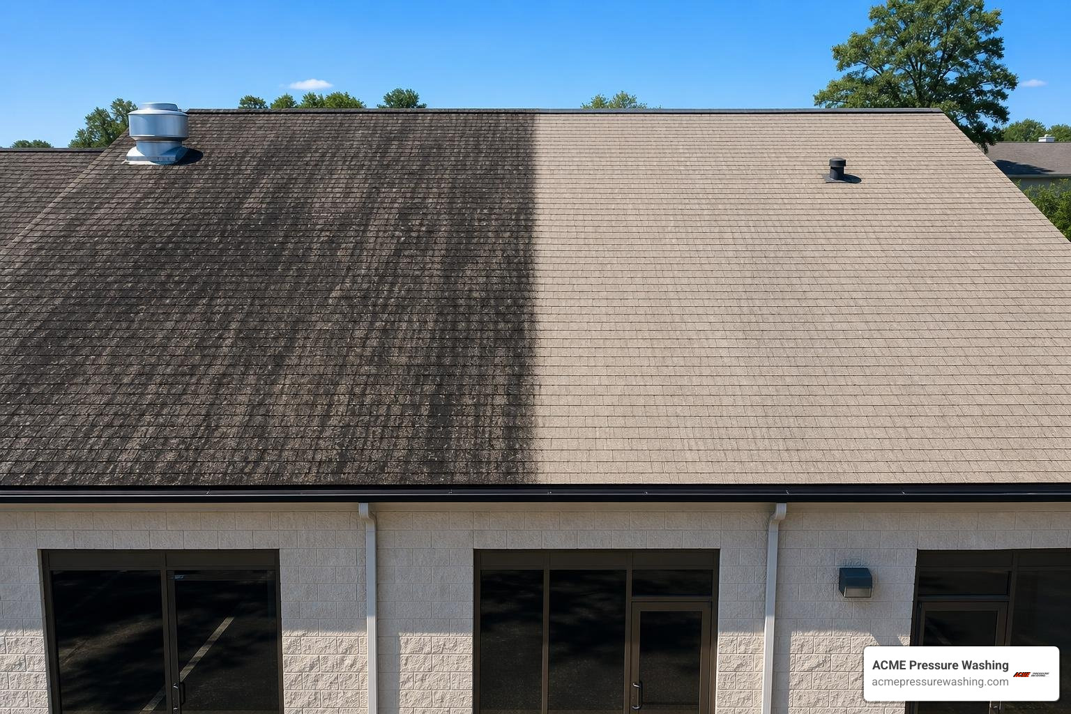 A beautifully restored, clean commercial roof showing the stark difference after professional soft washing