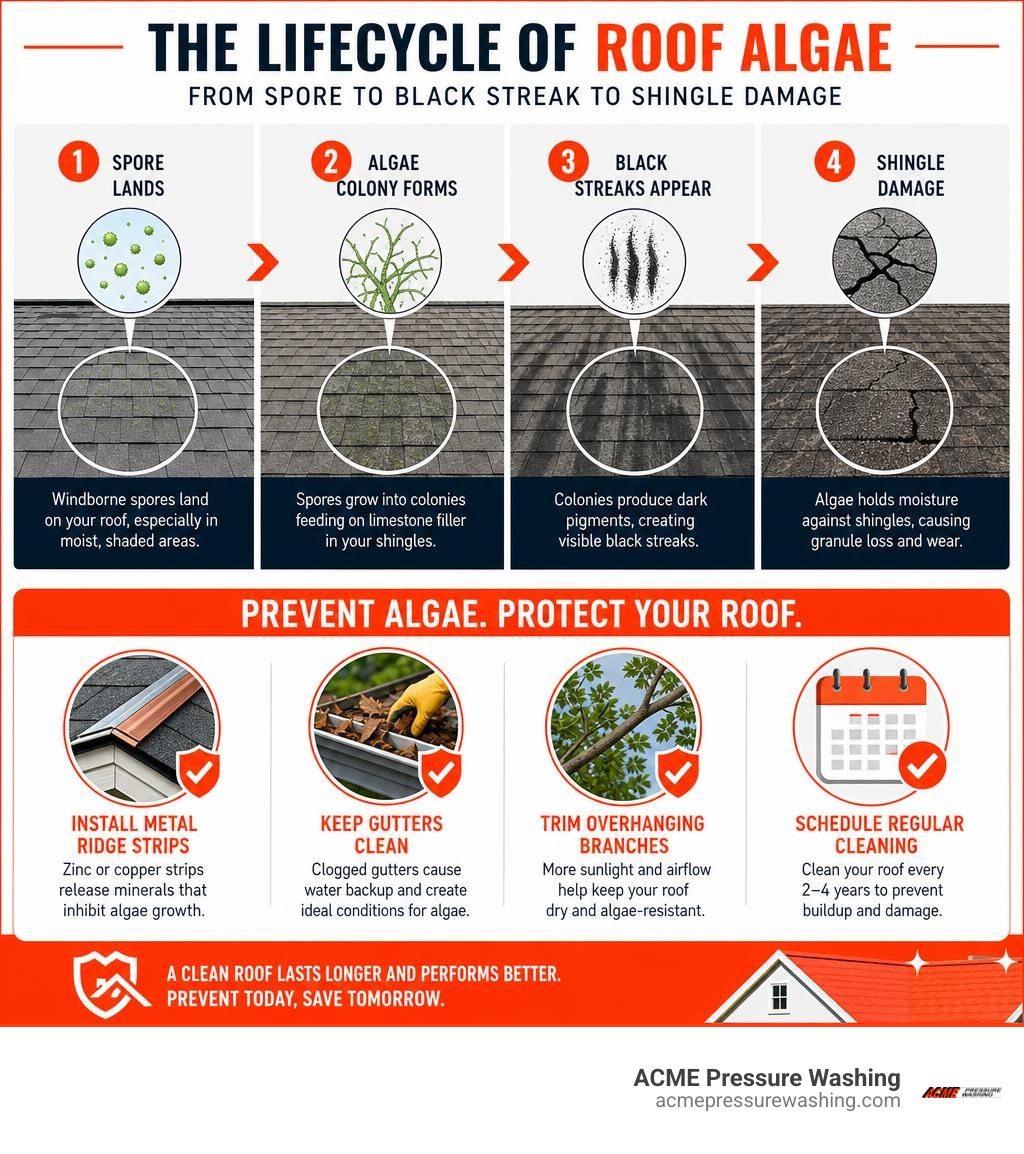 Lifecycle of roof algae from spore to black streak to shingle damage with prevention steps infographic