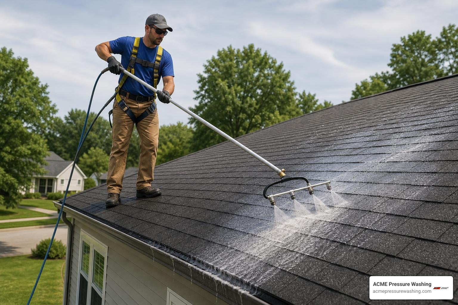 A technician performing a low-pressure soft wash on a residential roof