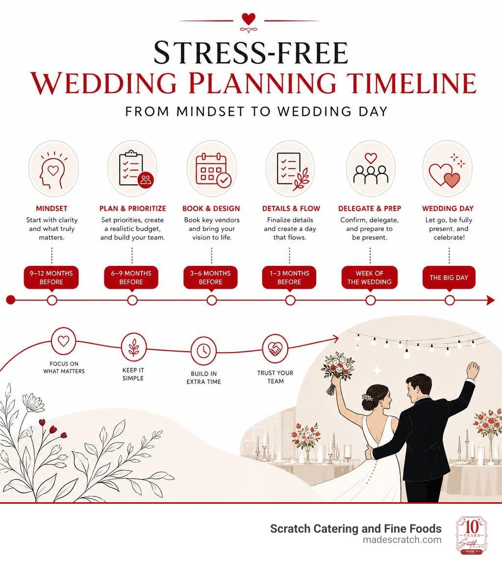 Stress-free wedding planning timeline infographic from mindset to wedding day infographic