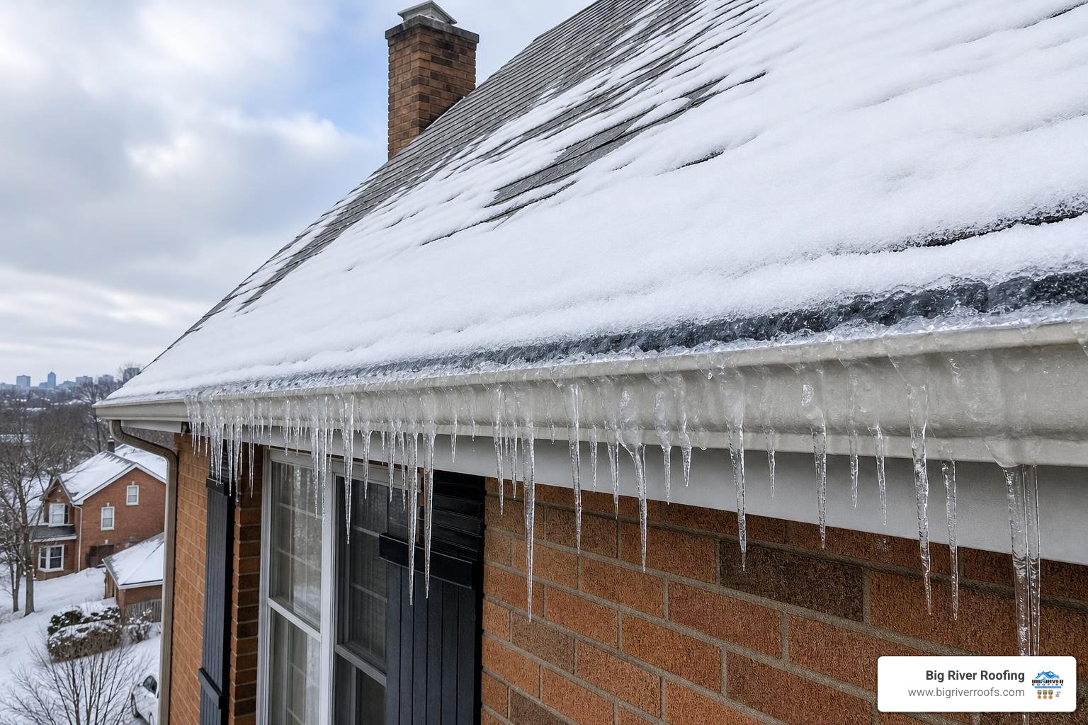 Snow-covered residential roof in Pittsburgh, PA showing ice buildup Snow-covered residential roof in Pittsburgh, PA showing ice buildup