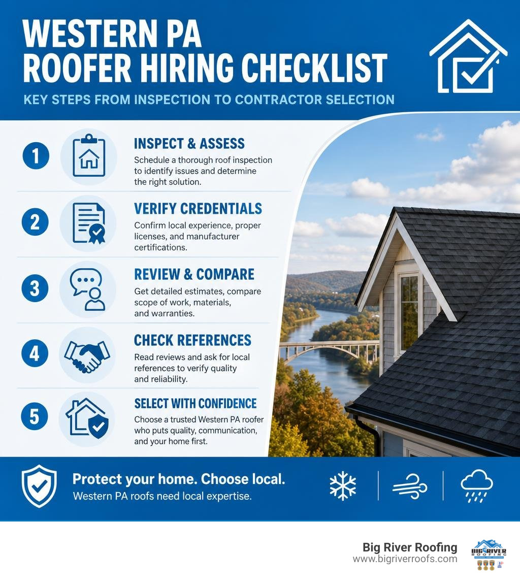 Western PA roofer hiring checklist infographic with key steps from inspection to contractor selection infographic Western PA roofer hiring checklist infographic with key steps from inspection to contractor selection infographic