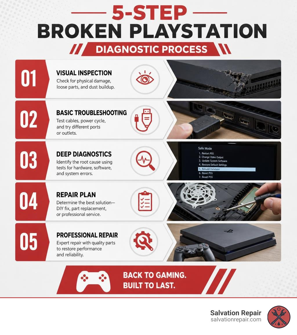 5-step broken PlayStation diagnostic process from visual inspection to professional repair infographic