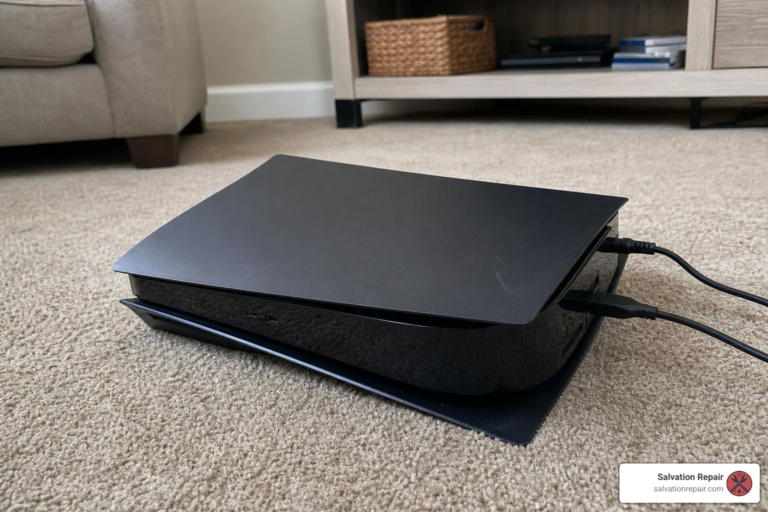 a dropped playstation console lying on carpet