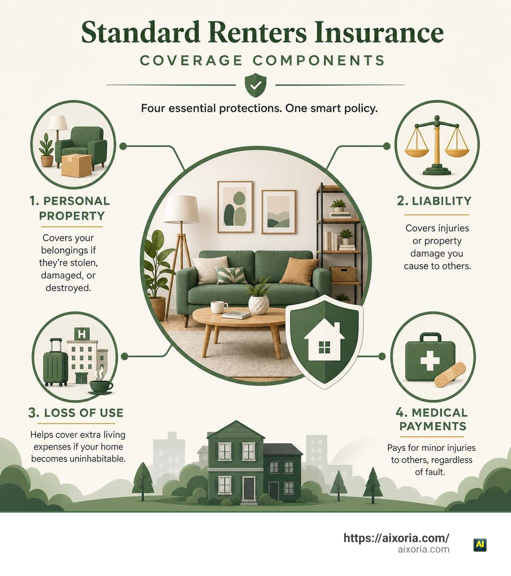 Standard renters insurance coverage components: personal property, liability, loss of use, medical payments infographic