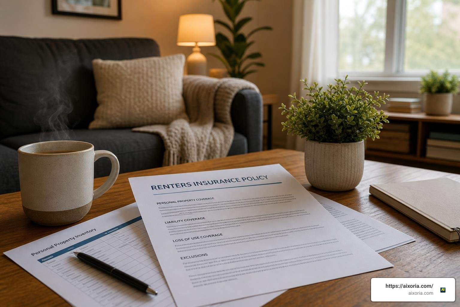 renters insurance policy documents on a cozy apartment table
