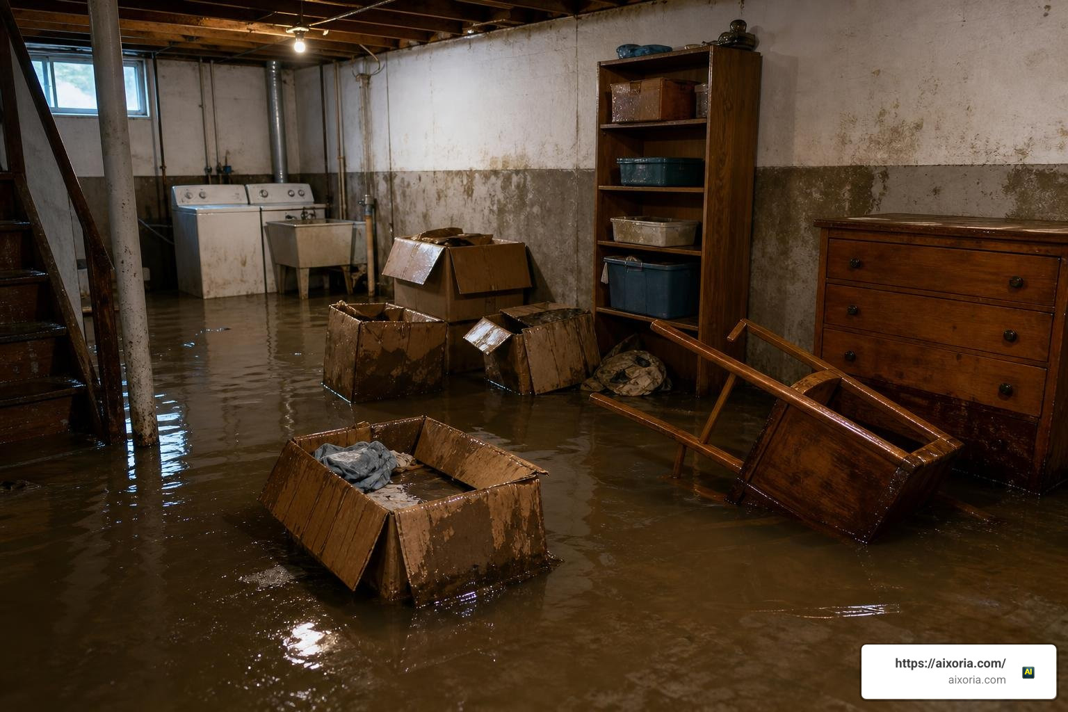 A flooded basement with water damaging stored boxes and furniture