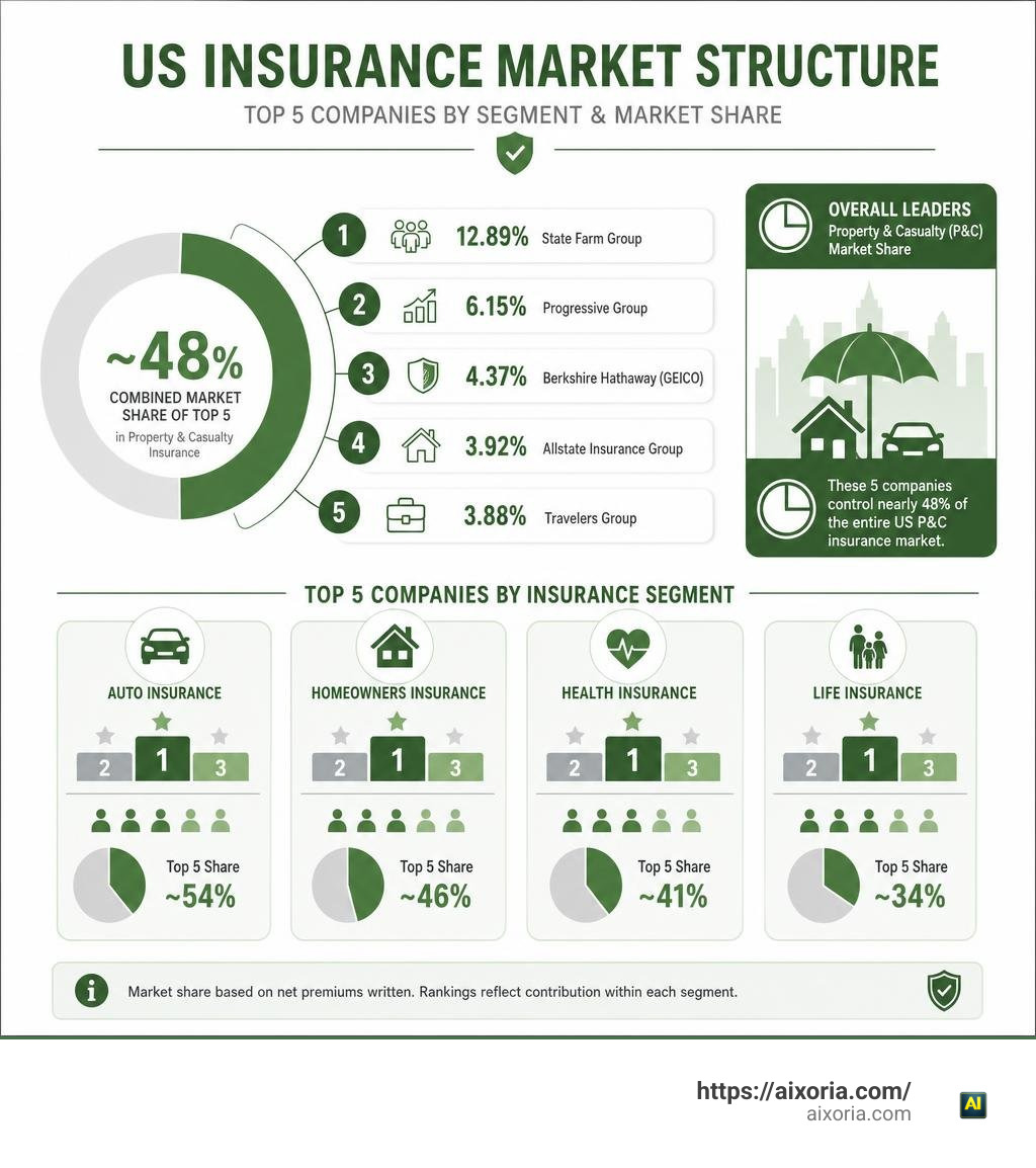 US insurance market structure showing top 5 companies by segment and market share infographic
