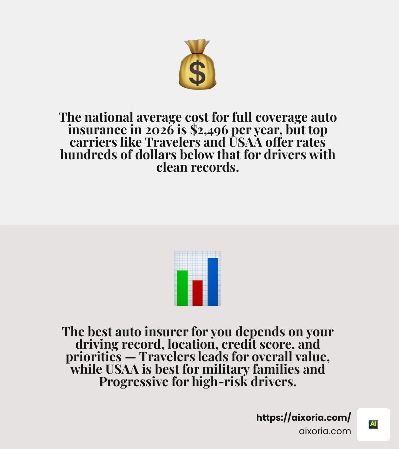 Top US auto insurance companies 2026 compared by rate, claims score, and best use case infographic