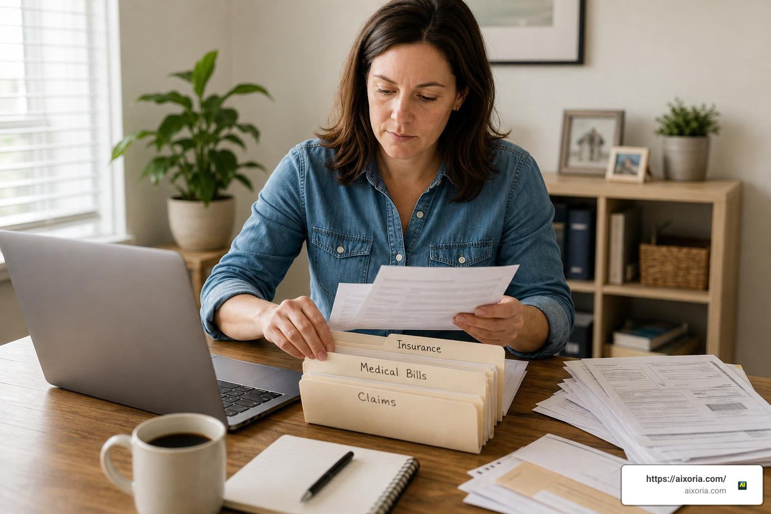 A consumer organizing insurance paperwork, medical bills, and claims correspondence