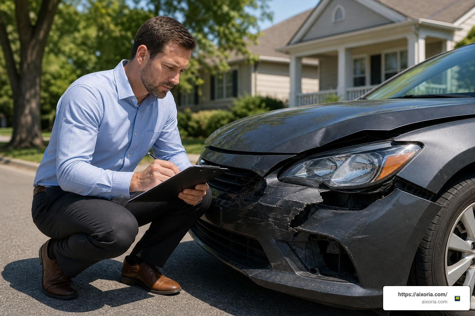 An insurance adjuster evaluating vehicle damage and assessing a claim